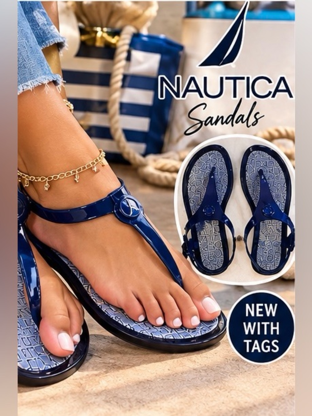 Nautica Women's Glossy Navy Blue T-Strap Sandals